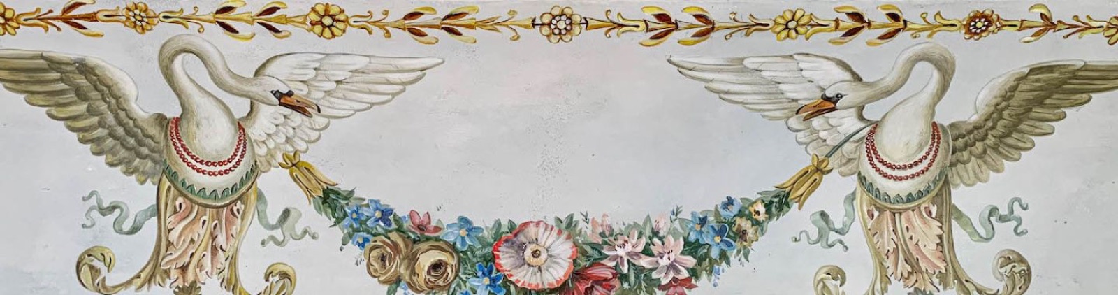 Painted floral garland with swans by Kim Delaney